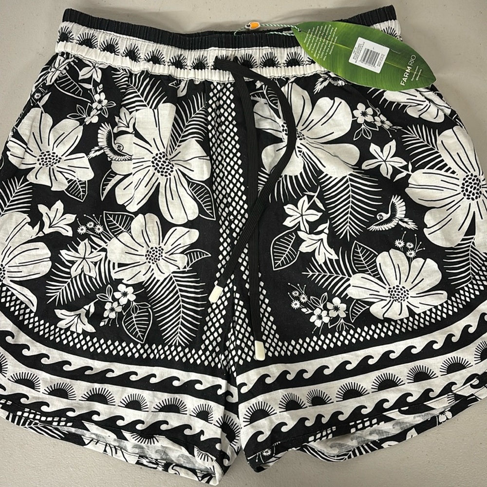 Farm Rio shorts black & white linen blend macaw elegance uni drawstring - Large